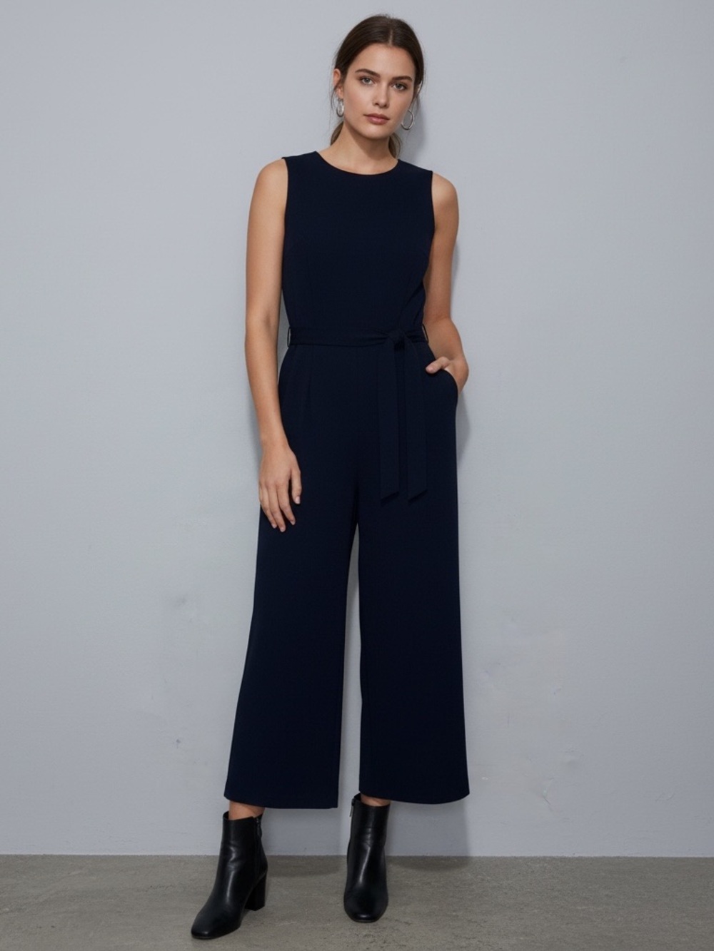 Tommy Hilfiger Navy Sleeveless Wide-Leg Jumpsuit with Waist Tie Navy Blue size 4